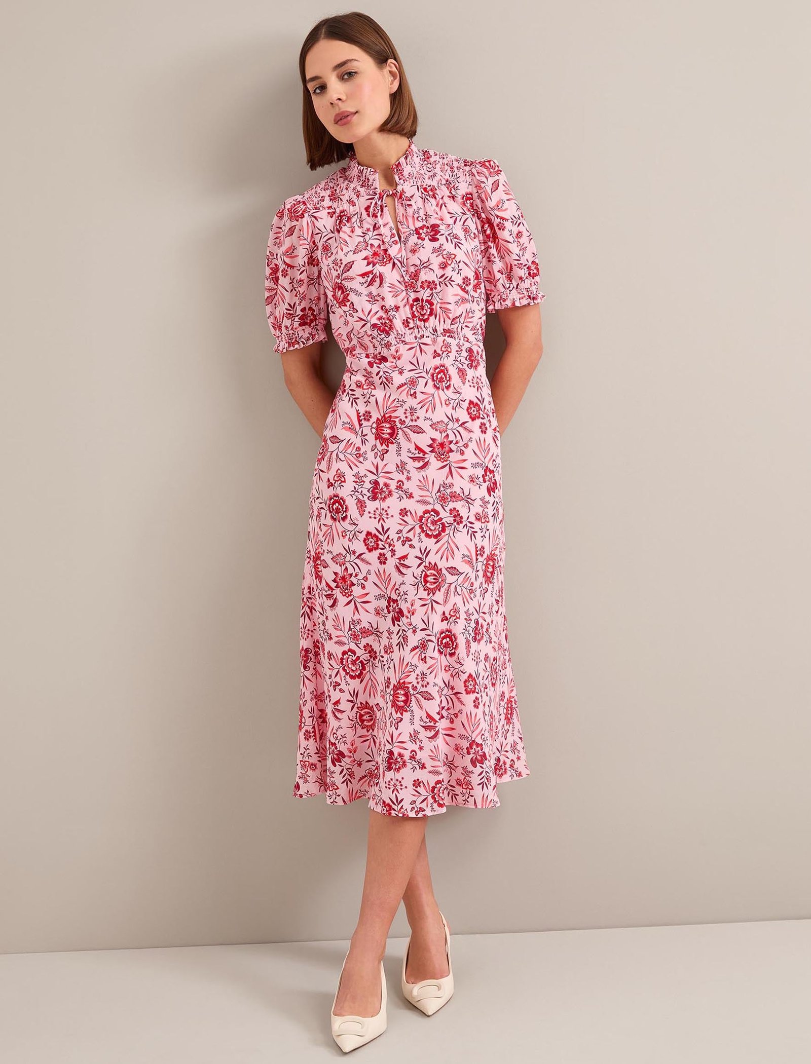 Irina Cotton Blend Midi Dress - Pink Palm Floral Print - Image 5