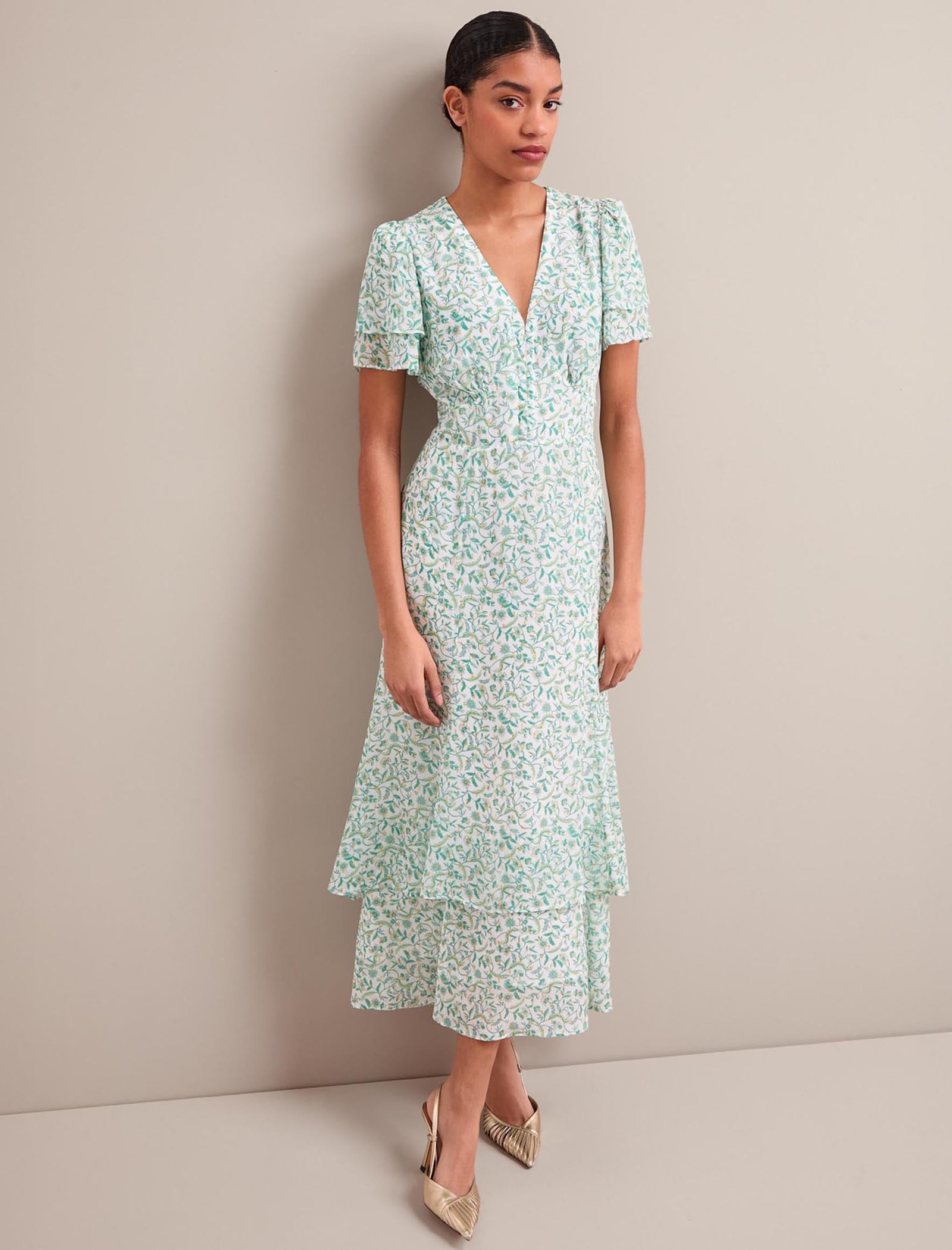 Lotta Gold Metallic Fil Coupé Maxi Dress - Green Yellow Trailing Feather Print - Image 4