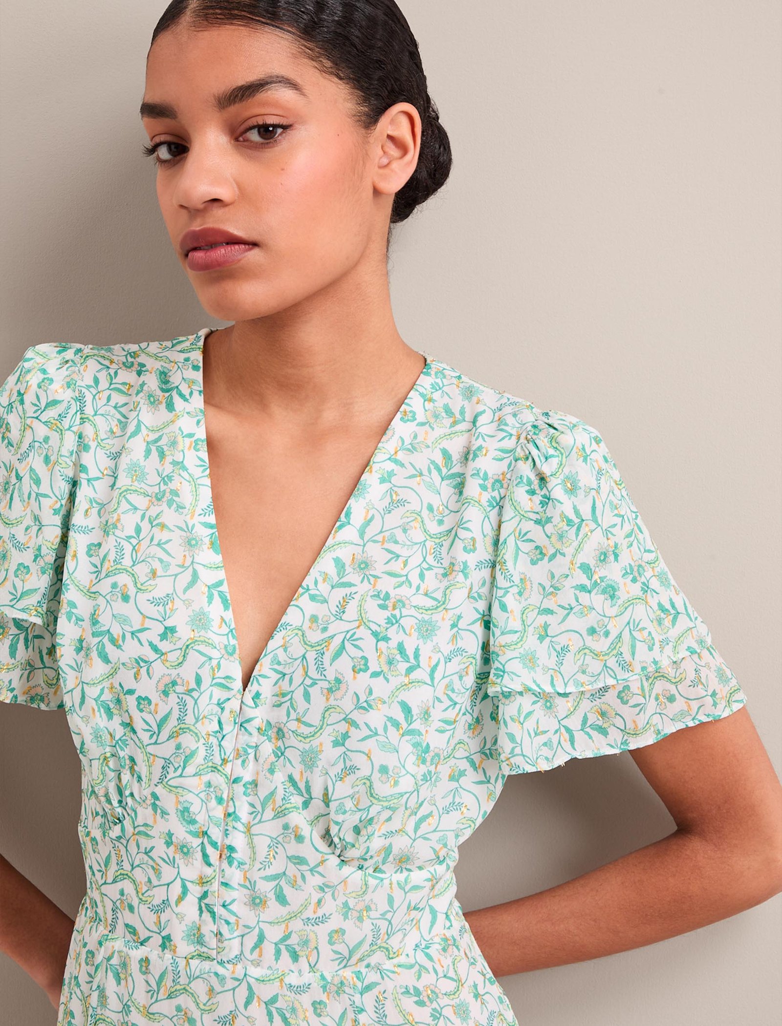 Lotta Gold Metallic Fil Coupé Maxi Dress - Green Yellow Trailing Feather Print - Image 2