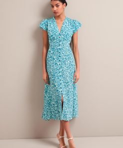 Leila Silk Maxi Dress - Blue Green Feather Print