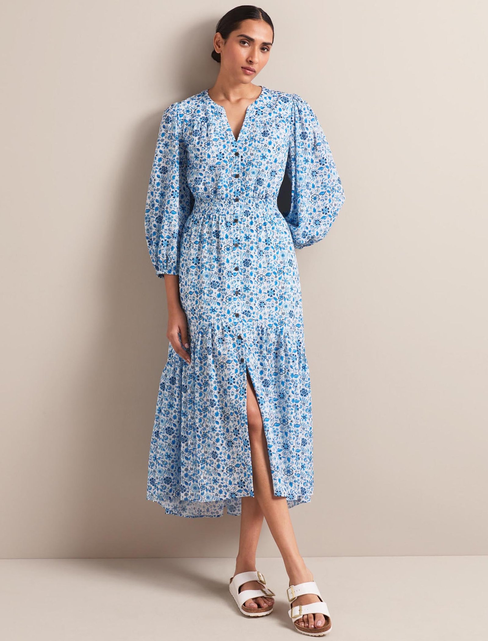Aspen Cotton Blend Maxi Dress - White Blue Ditsy Carnation Print